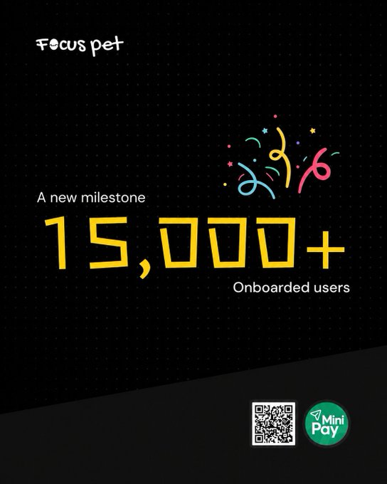 A promotional graphic for Focus Pet celebrating a milestone of '15,000+ Onboarded users' with a QR code and Mini Pay logo.