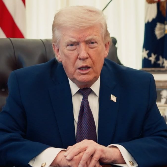 A portrait of Donald Trump seated in the Oval Office, wearing a blue suit with a US flag pin, with American flags visible in the background.