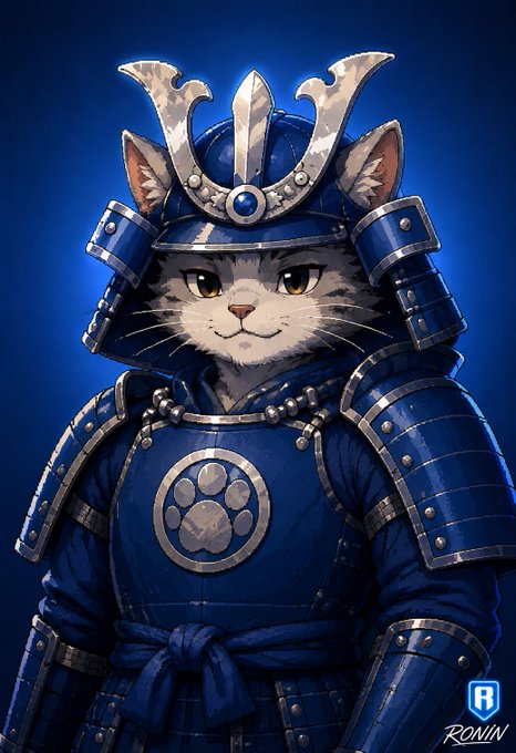 A digital illustration of a cat wearing traditional blue samurai armor with a helmet, featuring a paw print emblem on the chest and the text 'RONIN' at the bottom right.