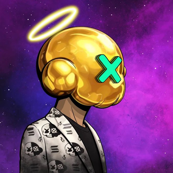 Digital illustration of a figure wearing a golden astronaut helmet with a green X mark on the visor and a glowing yellow halo, set against a purple cosmic background.