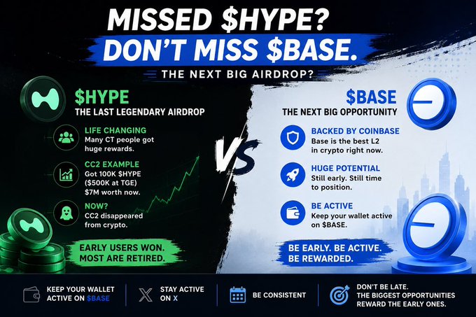 Promotional graphic comparing $HYPE ('The Last Legendary Airdrop') versus $BASE ('The Next Big Opportunity'), backed by Coinbase, encouraging early user activity.