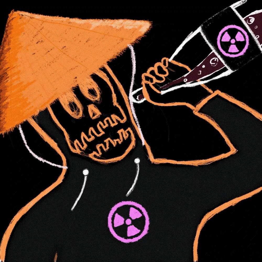 The image features a cartoon illustration of a person wearing an orange hat, holding a bottle with purple liquid inside. The person appears to be drinking from the bottle while standing against a black background. The caption at the bottom of the image reads "GM $REKT LEGENDS! ANYONE GOING ALL IN ON GM $REKT!? GM $REKT WORLD DOMINATION". This suggests that the image is related to a popular cartoon or meme, possibly featuring a character from the series.