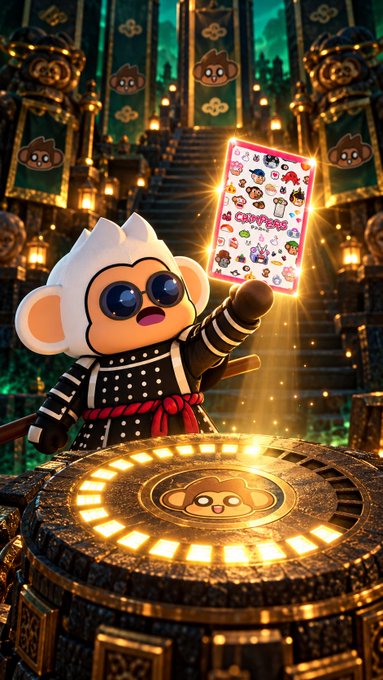 A 3D-rendered monkey character wearing sunglasses and a black-and-white striped ninja outfit holds up a glowing 'CRYPTOPURRING' NFT sticker sheet in an ornate golden temple environment.