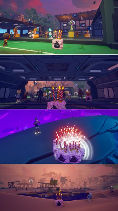 Four vertical panels of gameplay screenshots from what appears to be a LEGO Fortnite game, showing various scenes including characters, a birthday cake with candles in different biomes (beach, hangar, purple landscape, desert).