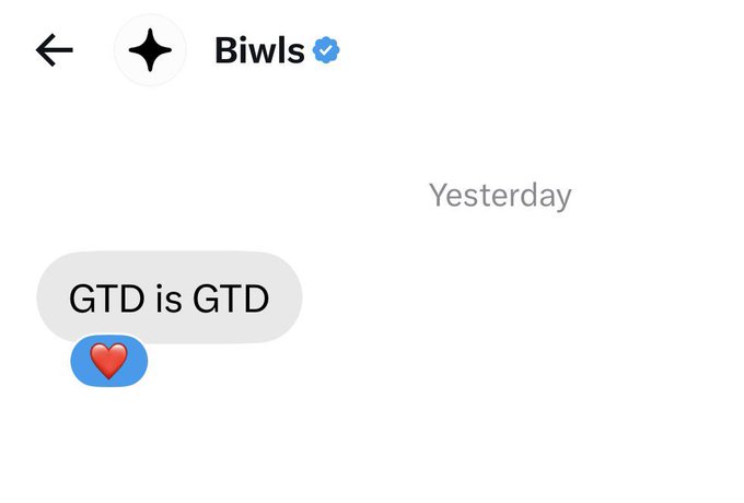 The image shows a direct message from "Biwls" (with a blue verification checkmark) that reads "GTD is GTD" with a heart reaction emoji below it. This exchange supports the post's boast that something sold out in 60 seconds, with "Biwls" confirming the "GTD" (guaranteed) status holds true.