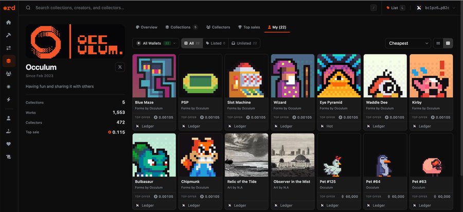A screenshot of the ◉RD platform showing Occulum's profile page with their pixel art collection displayed in the "Creator → My" tab, including works like Blue Maze, PSP, Slot Machine, Wizard, Eye Pyramid, Waddle Dee, Kirby, Bulbasaur, Chipmunk, Relic of the Tide, and Pet #125, #64, and #63. The image illustrates the new Creator tab feature that lets users find their assets across a creator's collections, alongside other platform updates mentioned in the post.