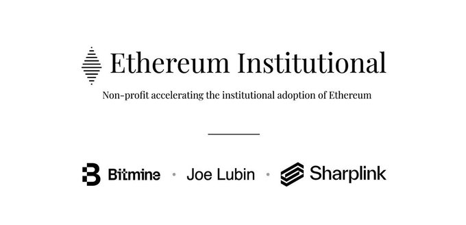 The Ethereum Institutional logo and branding, describing it as a non-profit accelerating institutional adoption of Ethereum, with partner logos including Bitmine, Joe Lubin, and Sharplink.