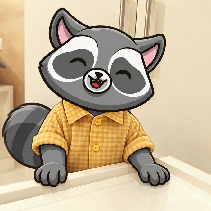 A cartoon illustration of a smiling raccoon wearing a yellow checkered shirt.