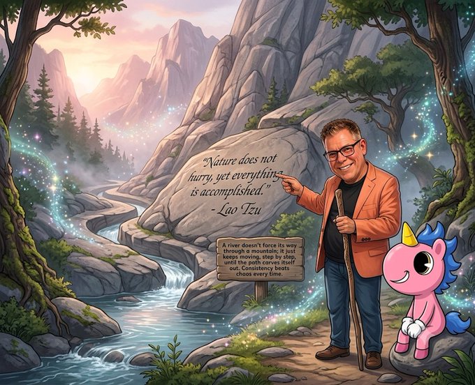 An illustrated scene shows a man pointing at a rock inscribed with "Nature does not hurry, yet everything is accomplished." - Lao Tzu, accompanied by a pink unicorn with a yellow horn near a magical stream.
