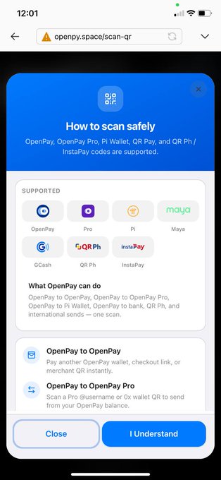 A mobile screen displays a "How to scan safely" instructional popup on openpy.space/scan-qr, listing supported QR payment services including OpenPay, Pro, Pi, Maya, GCash, QR Ph, and InstaPay. The popup outlines OpenPay's scanning capabilities, showing how OpenPay can scan OpenPay to OpenPay, OpenPay to OpenPay Pro, OpenPay to Pi Wallet, and OpenPay to bank (QR Ph) and international sends — directly illustrating the new feature allowing users to send OUSD to Pi Wallets via QR scan.