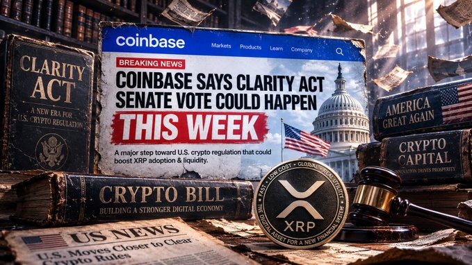 A digital news graphic shows a "Coinbase Breaking News" headline declaring "COINBASE SAYS CLARITY ACT SENATE VOTE COULD HAPPEN THIS WEEK," with XRP cryptocurrency imagery—including a physical XRP coin and American flag—and surrounding books labeled "CRYPTO BILL" and "AMERICA GREAT AGAIN" reinforcing the post's message about potential U.S. regulatory progress benefiting XRP adoption.