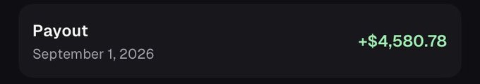 A dark notification banner displaying 'Payout' dated September 1, 2026, showing a positive amount of +$4,580.78 in green text.