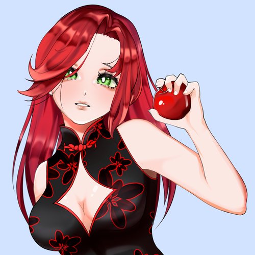 Anime-style illustration of a red-haired woman with green eyes wearing a black floral dress, holding a red apple against a light blue background.