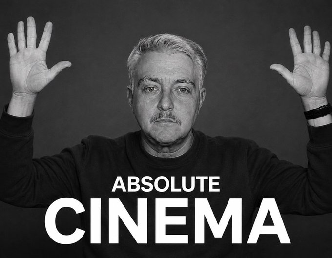 A black-and-white portrait of a man with raised hands and the text 'ABSOLUTE CINEMA' below him.