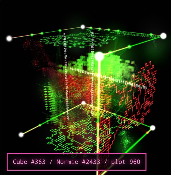 A digital art piece titled "Cube #363 / Normie #2433 / plot 960" depicting a glowing green wireframe cube with binary numbers and red and green pixelated patterns inside, set against a black background.