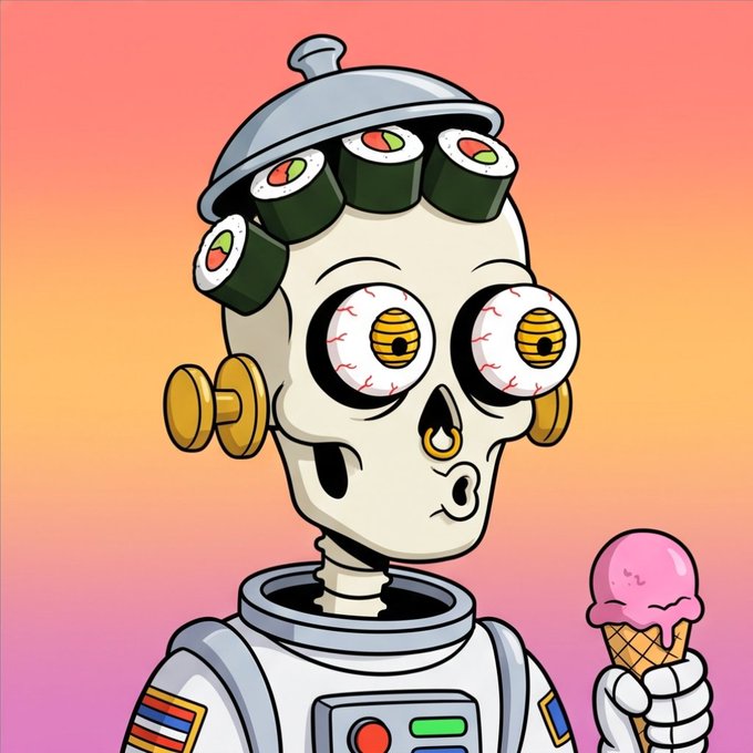 A cartoonish skull-headed robot with sushi rolls on its head and a pot lid as a hat holds a pink ice cream cone against a sunset gradient background.