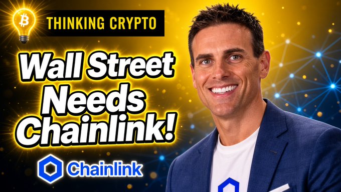 A YouTube thumbnail from "Thinking Crypto" features a smiling man in a blue blazer alongside the headline "Wall Street Needs Chainlink!" and the Chainlink logo, promoting an interview with Chainlink Labs' Head of Institutional Andrew McCormick about institutional adoption of Chainlink technology like CCIP 2.0 and Fulcrum.