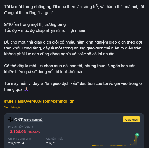 A Vietnamese social media post about crypto losses with text discussing being 'deceived' by a bull market, referencing '#QNTFallsOver40%FromMorningHigh' and showing a QNT token down -18.95% to $232.78.