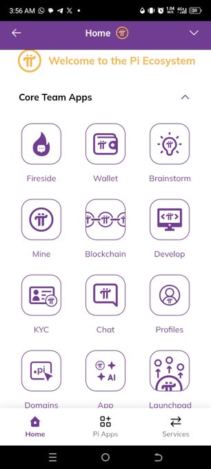 A mobile app screen titled "Welcome to the Pi Ecosystem" displays various "Core Team Apps" including Fireside, Wallet, Brainstorm, Mine, Blockchain, Develop, KYC, Chat, and Profiles.