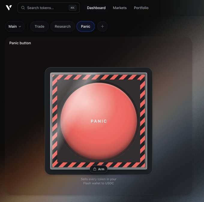 A screenshot of a cryptocurrency trading interface showing a large red 'Panic button' that sells every token in your Flash wallet to USDC when armed.