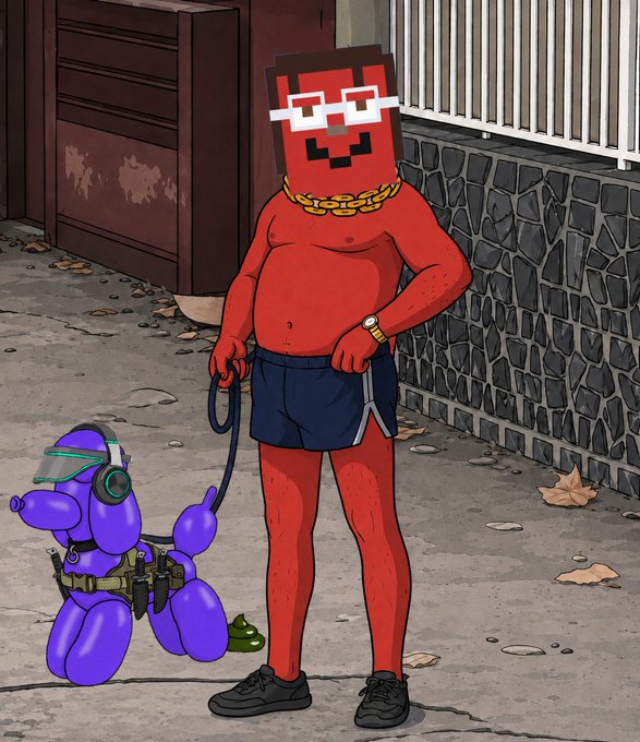 A cartoon illustration of a red, block-headed character wearing sunglasses, a gold chain, and dark blue shorts, walking a purple balloon-animal dog on a leash down a sidewalk.