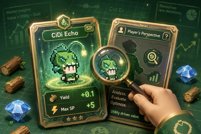 A hand examines a pixelated green "CiDi Echo" trading card through a magnifying glass, displaying stats of "+0.1 Yield" and "+5 Max SP" alongside a "Player's Perspective" analysis panel, visually reinforcing the market update about sellers lowering asking prices to 600 as the asset's utility-driven value (yield and SP) quietly tempts patient buyers.