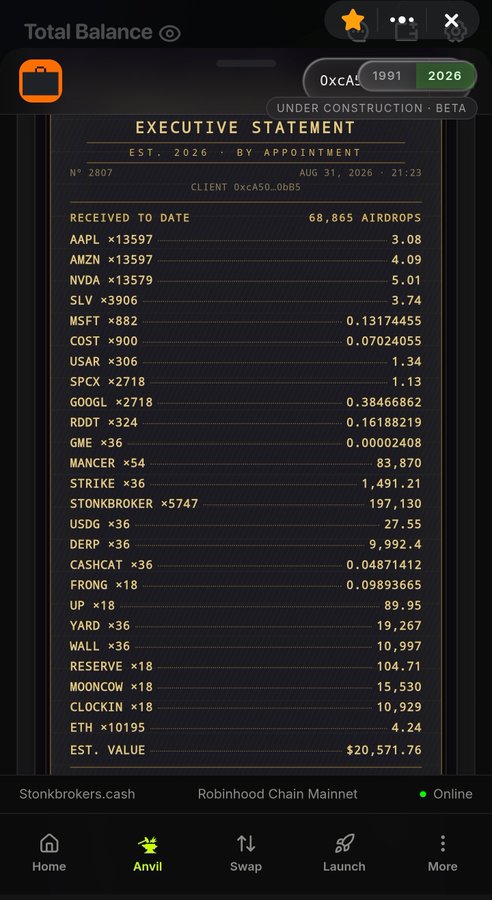 A mobile screenshot of an 'Executive Statement' from Stonkbrokers.cash on Robinhood Chain Mainnet, showing an estimated value of $20,571.76 with 68,865 airdrops received including AAPL, AMZN, NVDA, SLV, and STONKBROKER tokens.