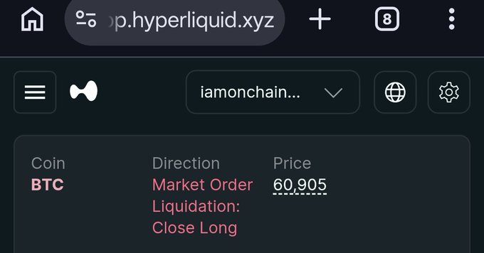 The image shows a Hyperliquid trading interface displaying a BTC market order liquidation event to close a long position at a price of 60,905. This visualizes the post's message about the "Monk's $1k to $10k Hyperliquid trade challenge" being on life support, as the liquidation appears to be wiping out the long position on Bitcoin.