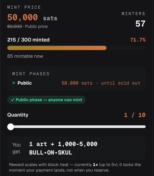 Screenshot of a cryptocurrency minting interface showing a mint price of 50,000 sats with 57 minters and 215/300 minted (71.7%), with rewards including '1 art + 1,000-5,000 BULL*ON*SKUL'.