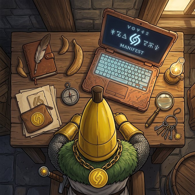 A fantasy-style illustration showing a character from behind wearing a banana hat, sitting at a wooden desk with a laptop displaying 'VOYAGE' and 'MANIFEST' along with bananas, books, a compass, keys, and other travel items.