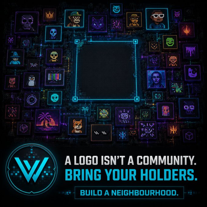 A digital promotional image with a dark background featuring various pixel-art characters in neon-outlined squares, with text reading 'A LOGO ISN'T A COMMUNITY. BRING YOUR HOLDERS. BUILD A NEIGHBOURHOOD.'