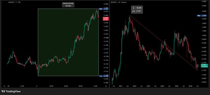 The image shows two TradingView candlestick charts of ADA (Cardano) in USDT pair: a 1-day chart on the left displaying a 12.72% (10.53%) gain at 0.1874, and a 2-month chart on the right spanning 2021-2026 showing a 99.48% (1.77M%) decline from its all-time high. The side-by-side comparison visually reinforces the "perspective matters" message—despite today's double-digit rally, ADA remains down approximately 95% from its previous peak.