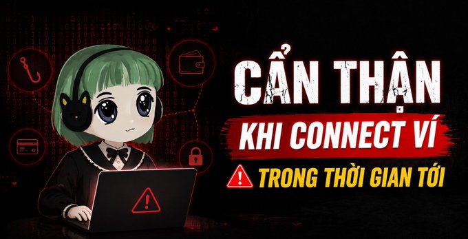 An anime-style illustration of a green-haired girl with a black cat on her shoulder using a laptop showing a warning sign, with Vietnamese text 'CẨN THẬN KHI CONNECT VÍ TRONG THỜI GIAN TỚI' (Be careful when connecting wallet in the coming time) alongside icons of a hook, wallet, credit card, and padlock.