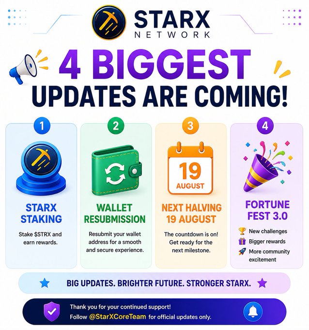 A promotional graphic for 'STARX NETWORK' announcing '4 BIGGEST UPDATES ARE COMING!' including 'STARX STAKING', 'WALLET RESUBMISSION', 'NEXT HALVING 19 AUGUST', and 'FORTUNE FEST 3.0'.