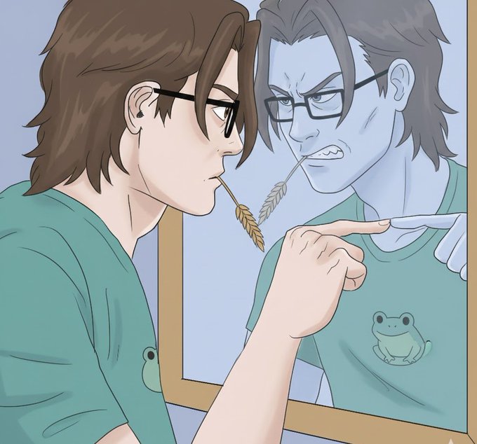An anime-style illustration of a young man with brown hair and glasses in a green frog shirt looking in a mirror, where his reflection appears angry with sharp teeth and is pointing at him with a knife.