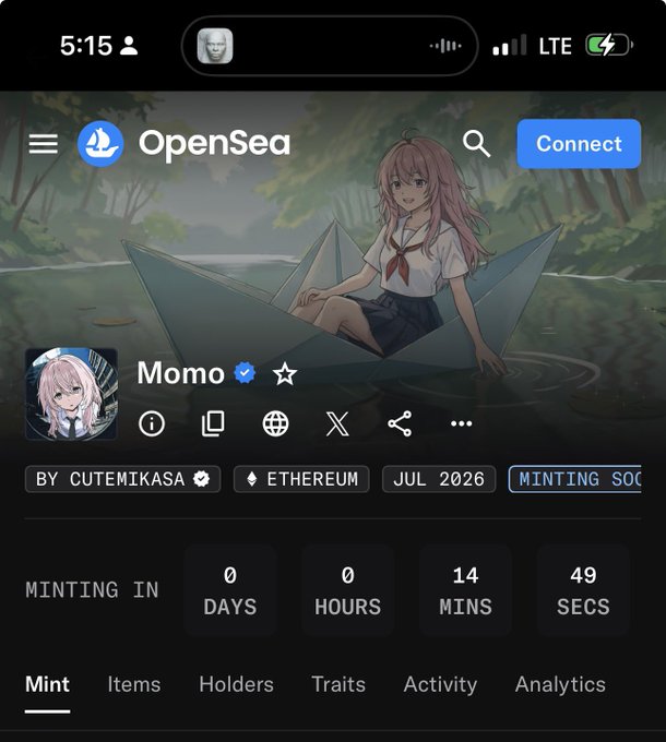 A mobile screenshot of the OpenSea NFT marketplace showing an upcoming collection called 'Momo' by CUTEMIKASA on Ethereum, minting in July 2026 with a countdown timer.