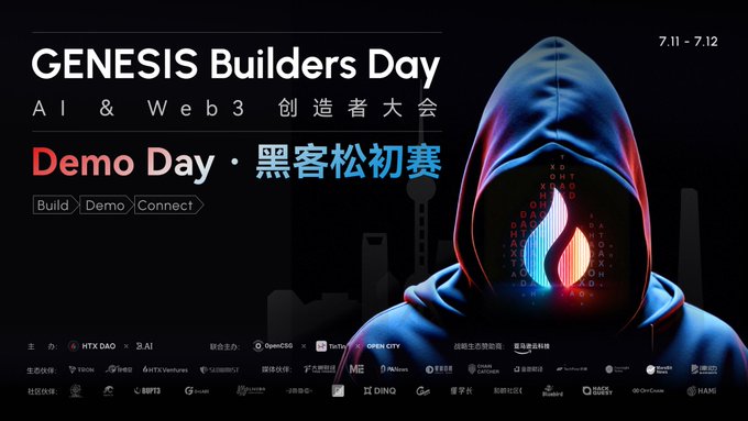 The image advertises the "GENESIS Builders Day AI & Web 3" event, featuring a "Demo Day" on July 11-12. The imagery of a hooded figure with glowing code and a flame signifies the innovative and tech-focused nature of the hackathon.