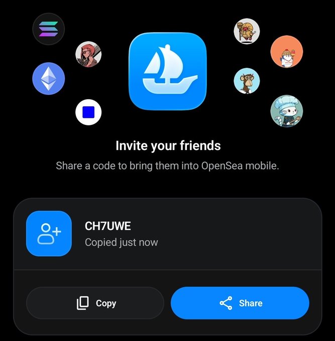 An OpenSea mobile app referral screen showing a sailboat logo surrounded by profile icons, with the text "Invite your friends" and a referral code "CH7UWE" that was just copied, along with Copy and Share buttons.