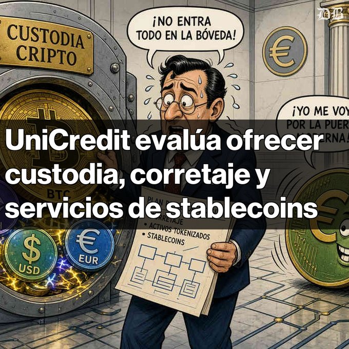 An illustrated news graphic in Spanish about UniCredit, with the headline 'UniCredit evalúa ofrecer custodia, corretaje y servicios de stablecoins', showing a cartoon banker holding a plan document.