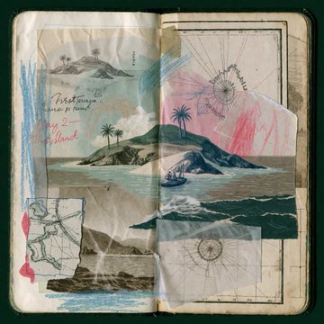 An open scrapbook or journal features tropical island collages, ship illustrations, palm trees, compass roses, and handwritten notes with the text 'Nantucket' and 'Newport' visible on the left page.