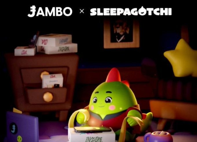 A promotional image for 'JAMBO × SLEEPAGOTCHI' featuring a green cartoon dinosaur-like character in a cozy room with pizza boxes.