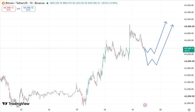 A TradingView Bitcoin/USDT (Binance) price chart shows BTC around $64,200, with blue arrows projecting a possible rise toward $65,000 and a value of +28.93 (+0.04%).