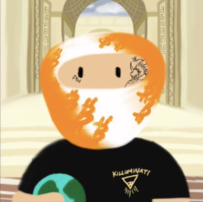 An animated character wearing an orange and white patterned helmet or head covering and a black t-shirt that reads 'KILLUMINATI' stands in front of a classical archway background.