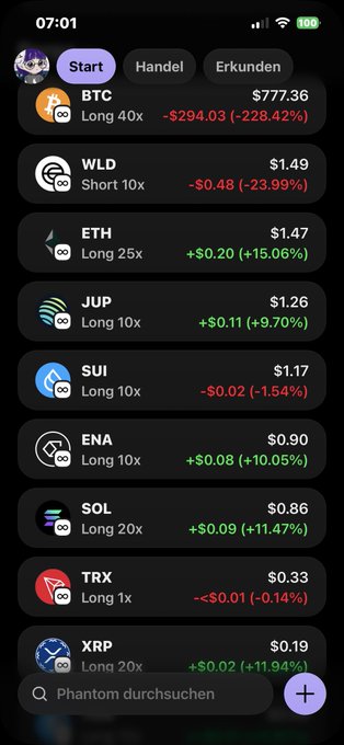 The image shows an iPhone screen displaying various crypto symbols such as Bitcoin, ETH, JUP, and ETP. The screen is turned sideways, allowing for easy viewing from multiple angles. A caption appears near the bottom right corner of the image, which reads "Vermute noch ein letzten dip iwann wie ihr sehen konnten noch net alle rein für den entry den die wollten auf alles". The focus on this screen could be related to the post, as it might discuss cryptocurrency symbols or provide information about crypto trading.