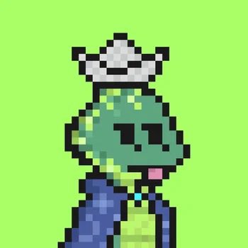 Pixel art of a green-skinned character wearing a chef's hat and a blue suit with a tie, with their tongue sticking out against a green background.