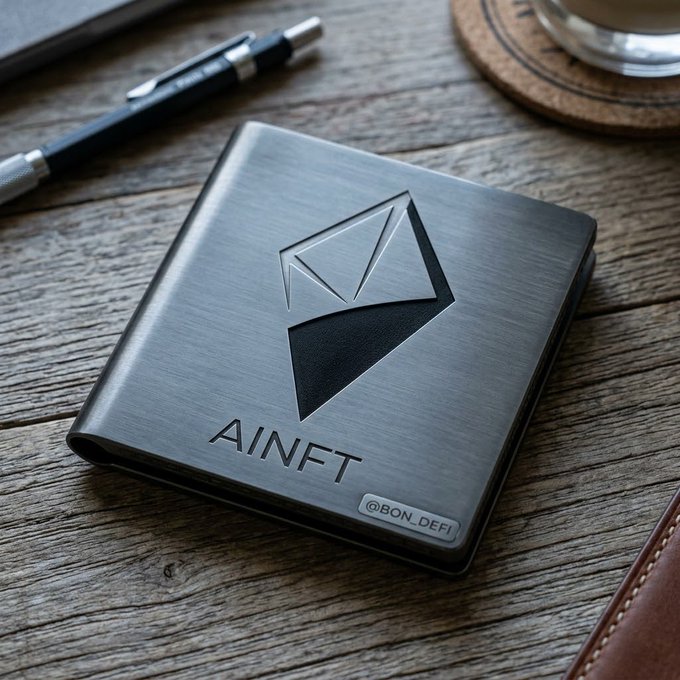 A metallic silver wallet on a wooden surface engraved with a triangular logo and the text "AINFT" and "@BON_DEFI".