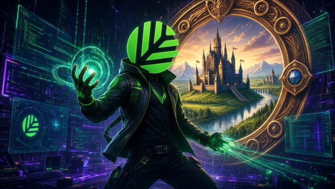 A digital artwork of a figure in a dark jacket with a glowing green leaf logo on their helmet, manipulating green energy magic, with a magical portal showing a fantasy castle in the background and floating holographic data screens.