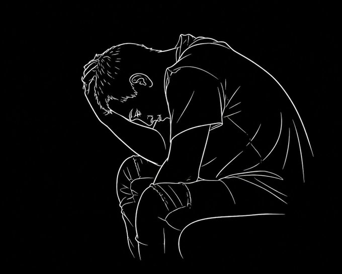 A minimalist white-line drawing on a black background depicts a hunched figure clutching their head in apparent distress or despair, mirroring the post's confession of being "cooked"—emotionally overwhelmed by their deep entrapment in the web3 world, having initially pursued it for money but now being unable to abandon the technology that has captured them.