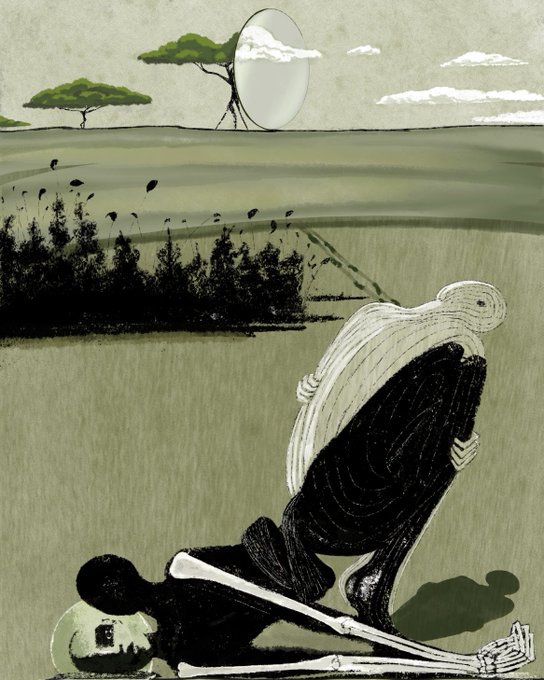 A skeletal figure kneels on a grassy plain with an oversized head, while a floating mirror or disc hovers near acacia trees in the background beneath scattered clouds. The artwork, titled "Enantiodromia" by @ZVARNIARA, complements the post's announcement of acquiring art for #ArtTank in partnership with @rollbit.