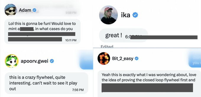 A collage of Twitter/X DMs showing verified users 'Adam', 'ika', 'apoorv.gwei', and 'Bit 2_easy' discussing a project, with comments mentioning 'mint', a 'crazy flywheel', and 'proving the closed loop flywheel first'.